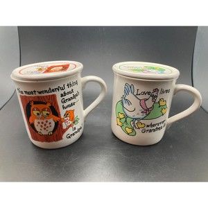 J.S.N.Y Vintage Grandma & Grandpa Coffee Mugs Teacups with Lids - Made in Taiwan